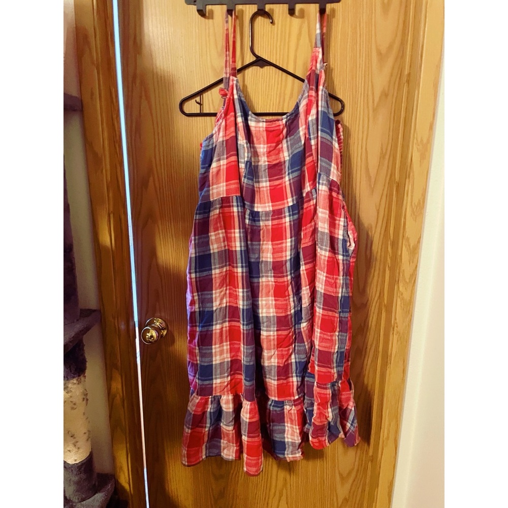 Red white and blue plaid dress